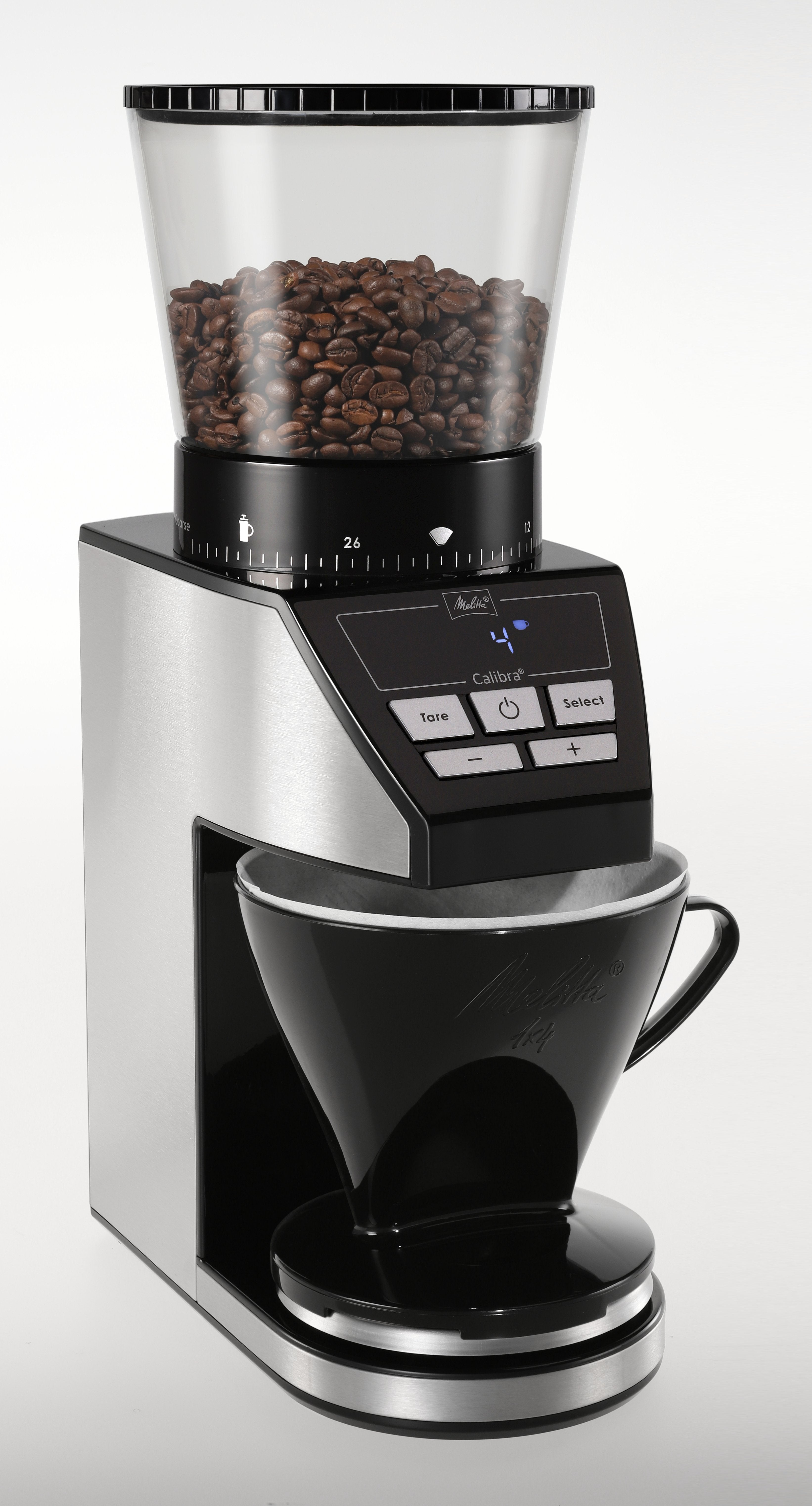 Molinillo De Café Melitta Calibra 1027-01  Eléctrico Cónico Con 39 Ajustes De Molienda, Apto Para Distintas Cafeteras, Moledor De Café Con Báscula Digital Y Pantalla Lcd, 200?G, Negro