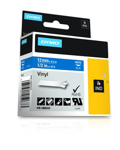 Dymo Rhino Cinta De Etiquetas Industrial Adhesiva Id1-12, Blanco Sobre Azul De 12mmx5´5m, Vinilo
