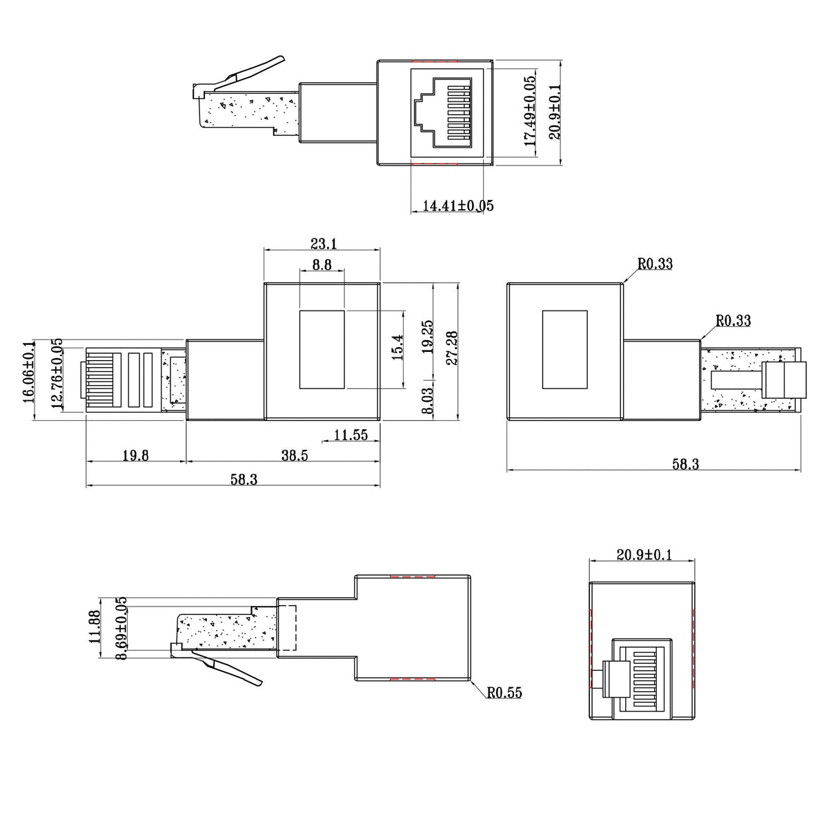 Adaptador De Cable De Red Inline Cat.6a, Enchufe/Toma Rj45, Acodado 90° A La Derecha