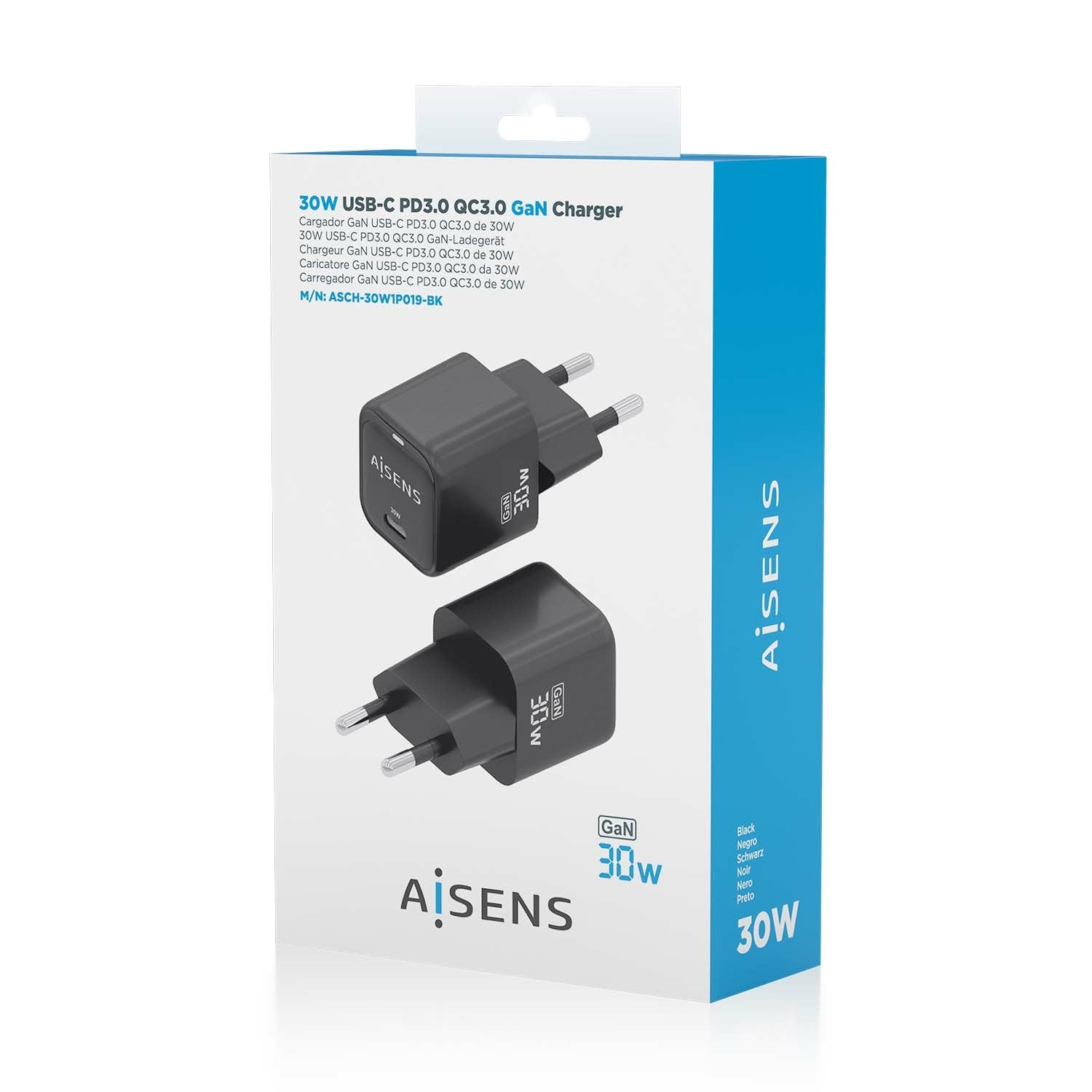 Aisens Cargador Gan 30w, 1xusb-C Pd3.0 Qc4.0, Negro