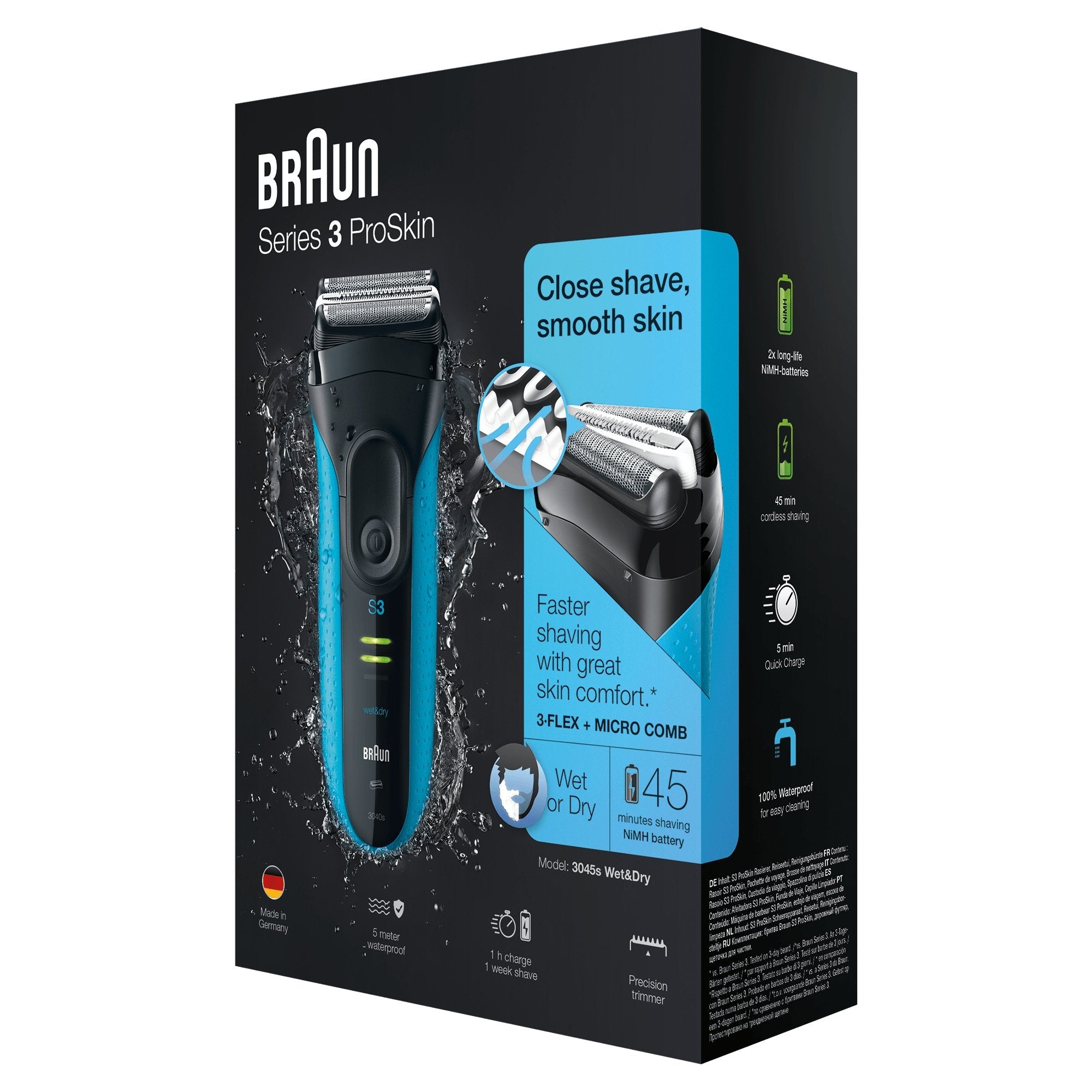 Braun Series 3 Proskin 3045s Máquina De Afeitar De Láminas Recortadora Negro, Azul