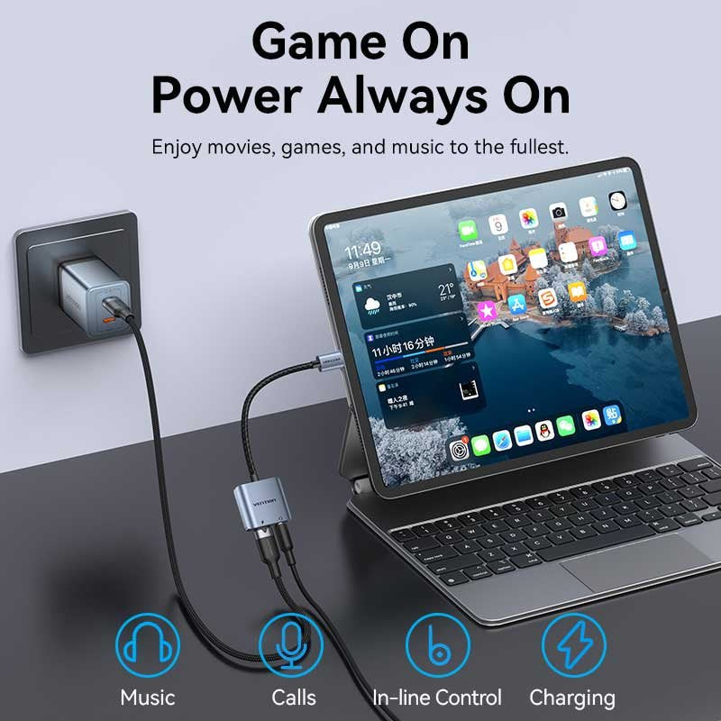 Adaptador Audio Vention Bigha Usb Tipo-C Macho Jack 3.5 Hembra Usb Tipo-C Pd Hembra Gris