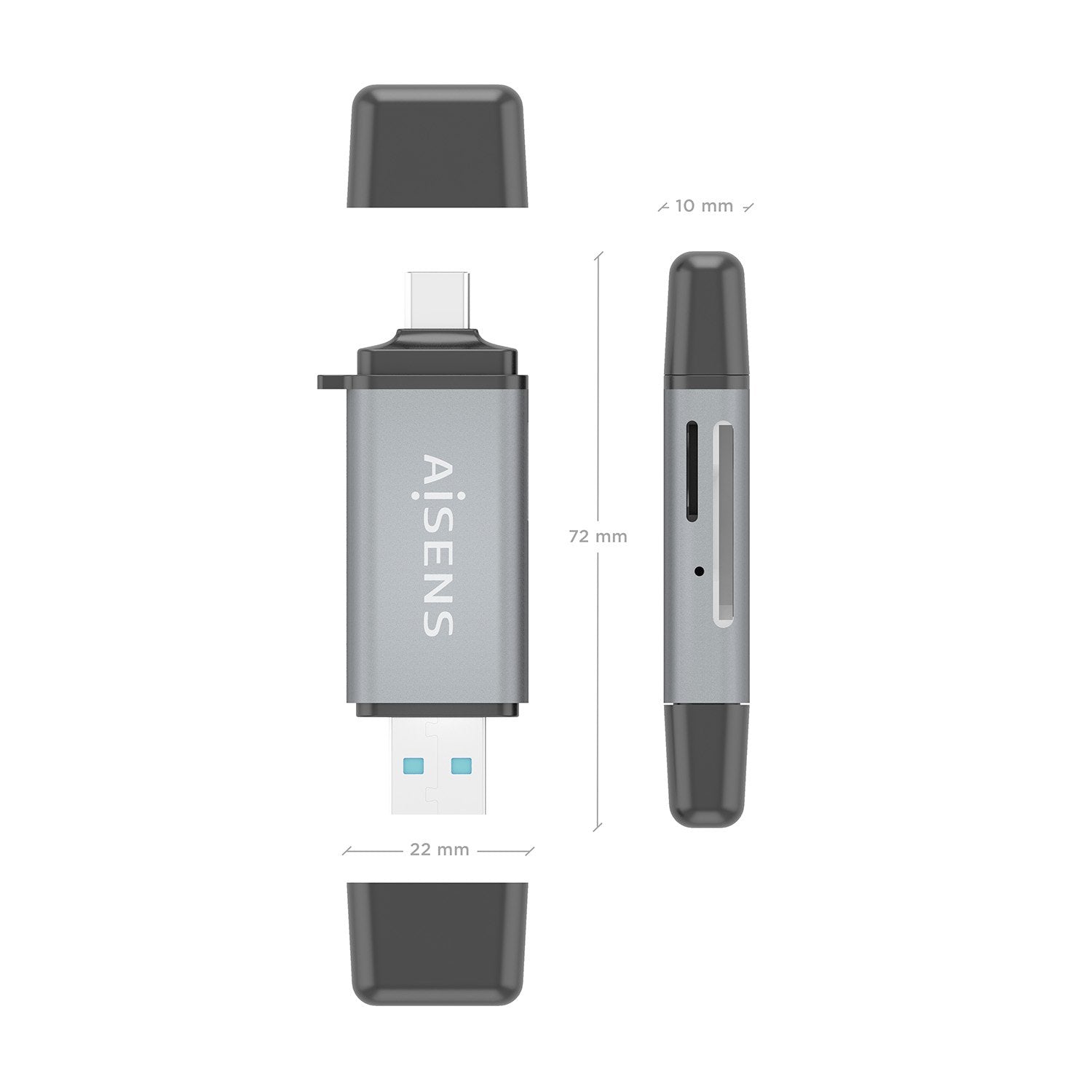 Aisens Lector De Tarjetas Sd, Micro Sd, Mmc, Rs-Mmc, Mmc Micro, Usb-A Y Usb-C, Gris