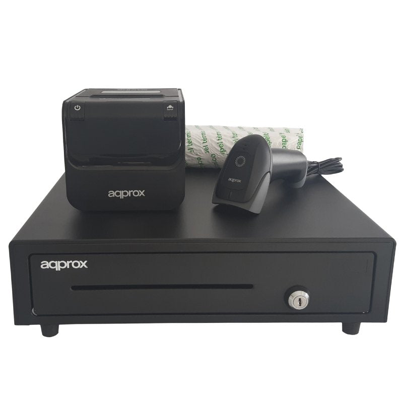 Kit Tpv Approx Cajon Portamonedas Appcash01 Negro + Lector/Scanner Appls22 Sin Peana + Impresora Termica Apppos80am-Usb + Pack Rollos Papel Cyt8060bpa