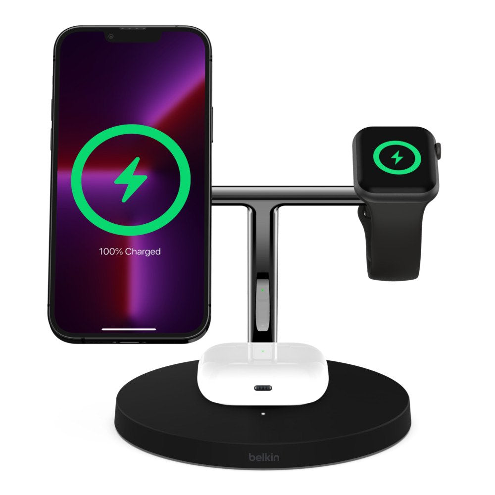 Belkin Boost Charge Pro Base De Carga Inalmbrica Con Magsafe + Adaptador De Corriente Ca 15 Vatios Fast Charge Negro Para Apple Airpods, Airpods Pro, Iphone 12, 13, Watch Series 4, Series 5, Series 6, Series 7