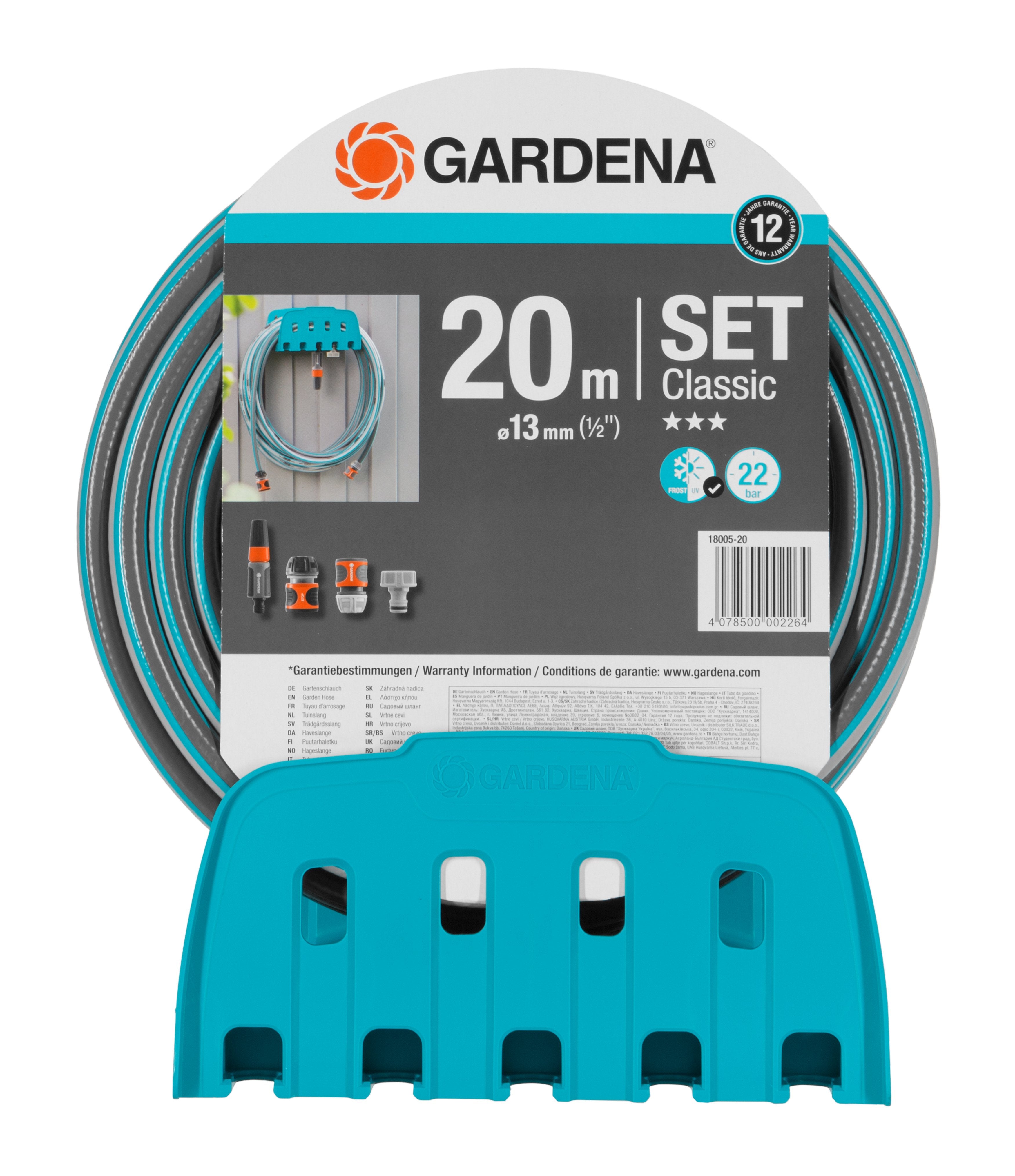 Portamanguera De Pared Gardena Con Manguera Classic Gris/Turquesa, 20 Metros, Con Conexiones Y Jeringa 18005-50
