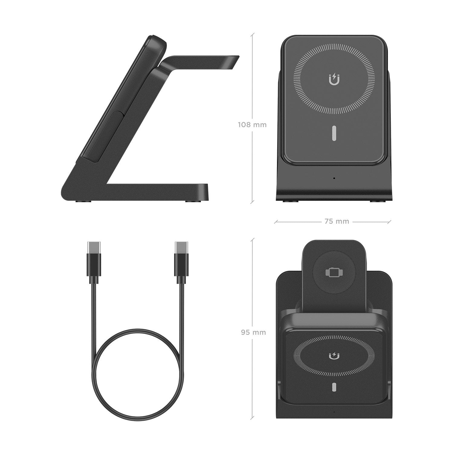 Aisens Cargador Inalambrico Usb-C 4 En 1 De 15w Para Movil, Apple Watch, Auriculares Con Estuche De Carga, Negro