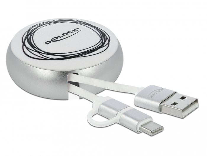 Delock Usb 2.0 2 In 1 Aufrollcable Typ-A Zu Micro-B Und Lightning 8 Pin Weiss   Gold