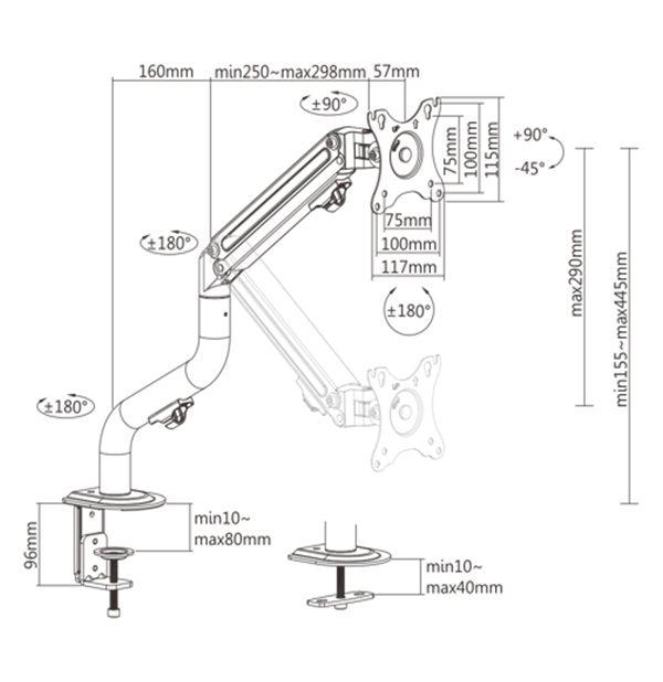 Gembird Ma-Da1-02 Adjustable Desk Display Mounting Arm Tilting 17-32" Up To 8 Kg