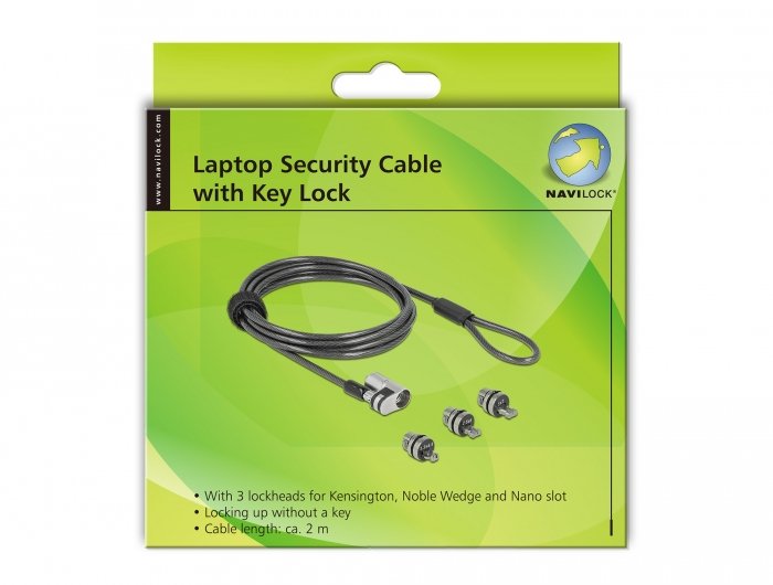 Navilock Notebook Sicherungscable Mit 3 Verriegelungskpfen Fr Kensington, Noble Wedge Und Nano Slot