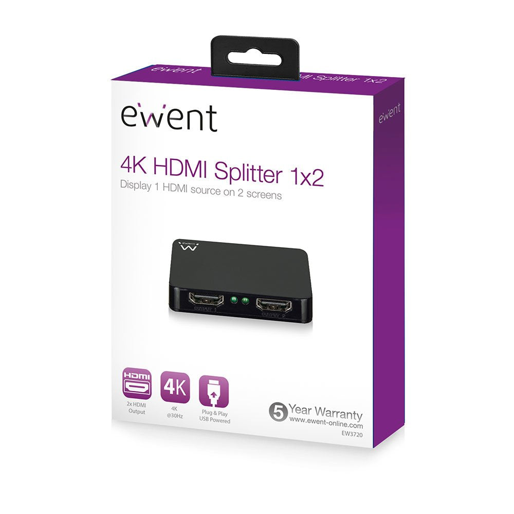 Ewent Splitter Activo Hdmi  De 1 A 2, Soorta 4k A 30hz ,Usb Powered