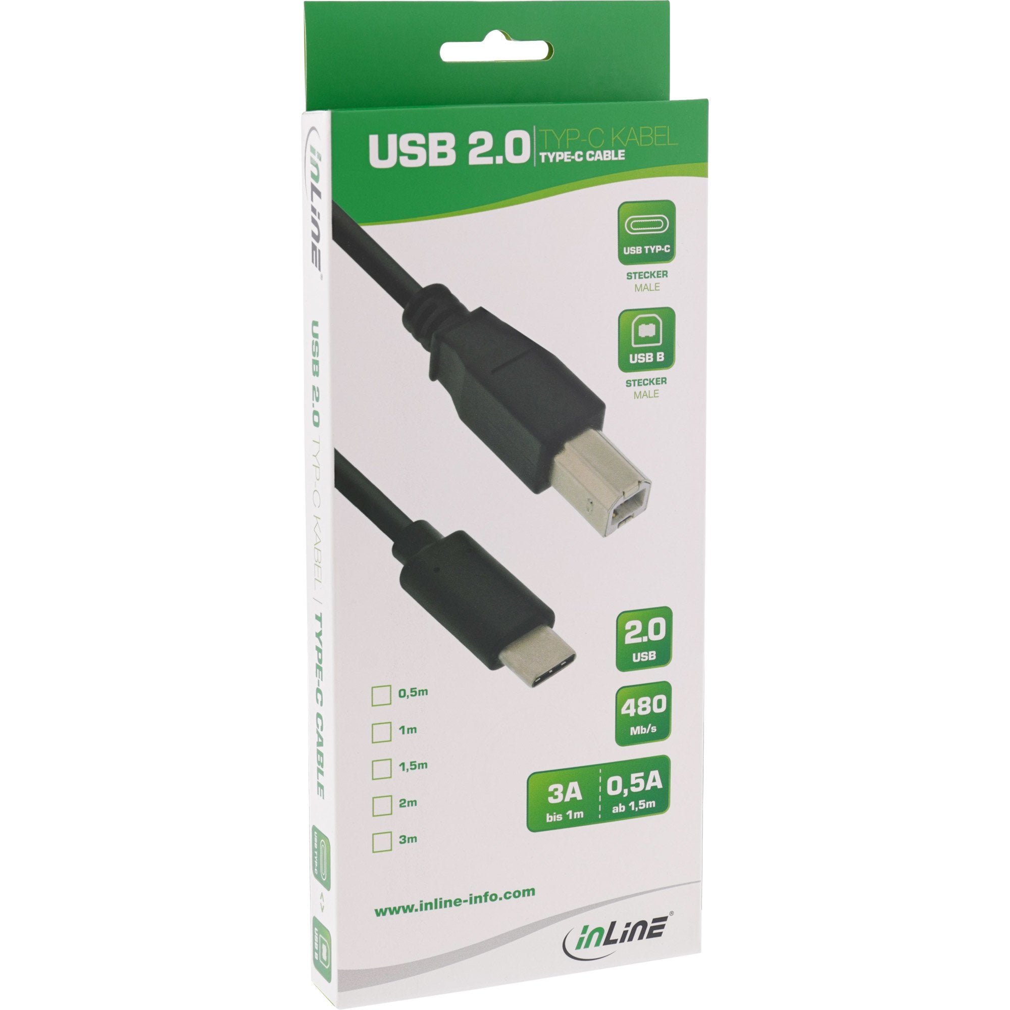 Cable Inline Usb 2.0, Tipo C Macho A B Macho, Negro, 0,5 M