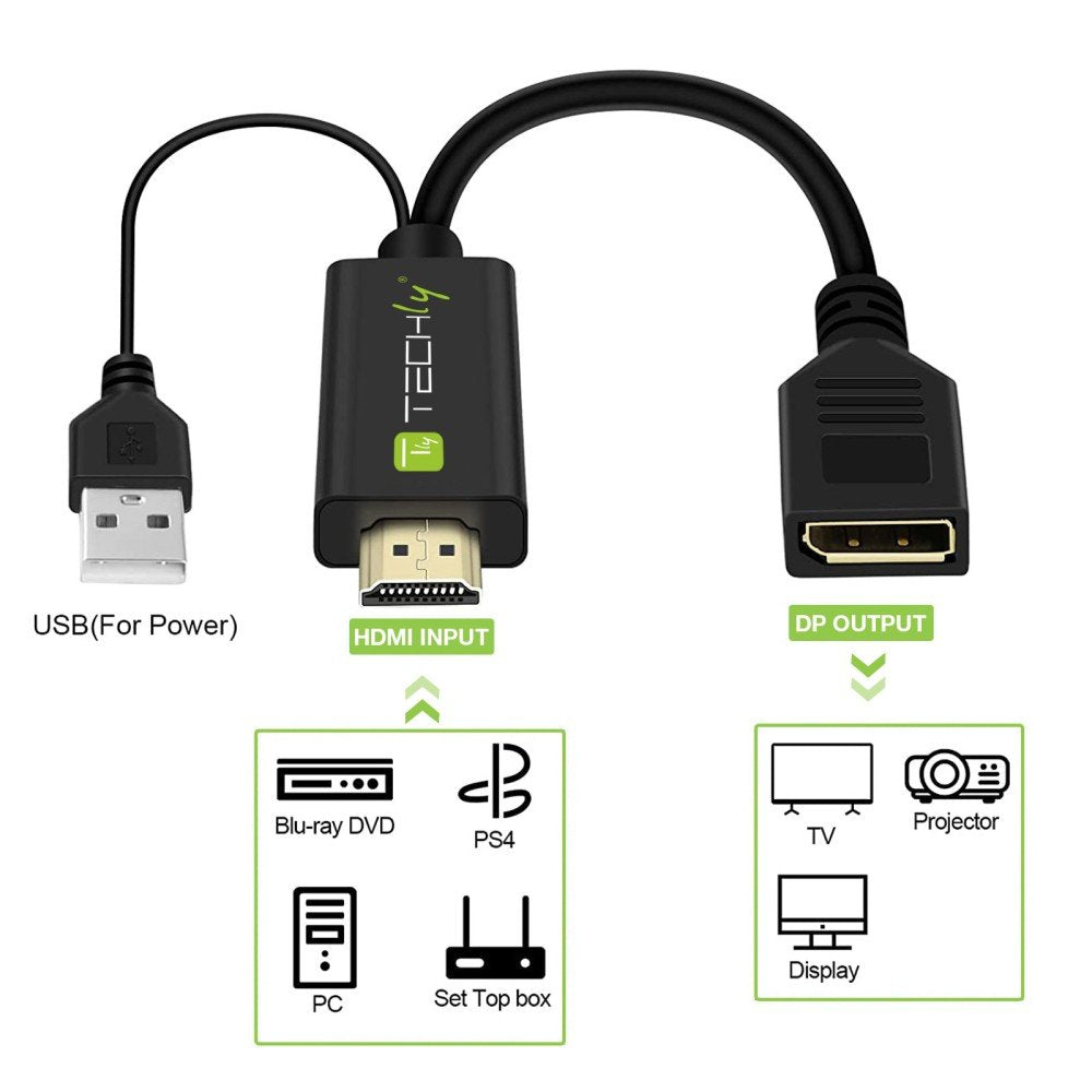 Techly Icoc Hdmi-Dp12a Adaptador Hdmi A Displayport Con Alimentación Usb 4k*30hz M/F