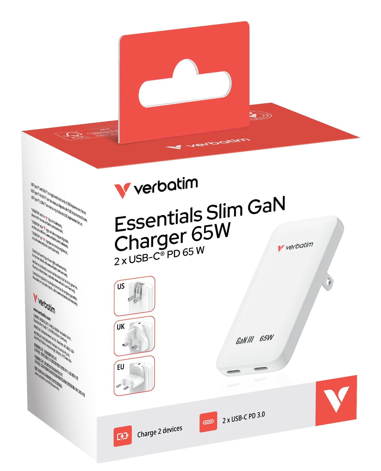 Verbatim Slim Gan Charger 2 Port 65w Eu Uk Us Blanco