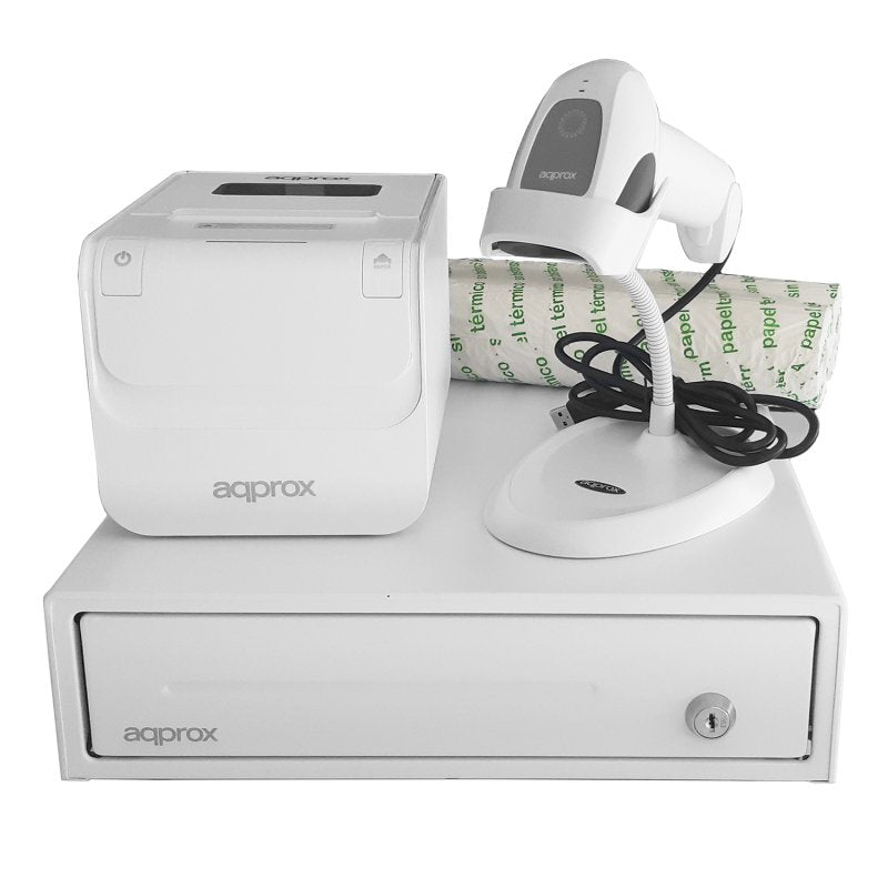Kit Tpv Approx Cajon Portamonedas Appcash33wh Blanco + Lector/Scanner  Appls11aswh + Impresora Termica Apppos80amusewh + Pack Rollos Papel Cyt8060bpa