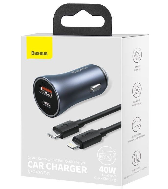 Ladowarka Samochodowa Baseus Golden Contactor Pro, Usb + Usb-C, Qc4.0+, Pd, Scp, 40w (Szara) + Kabel Usb-C Do Ip 1m (Czarny)