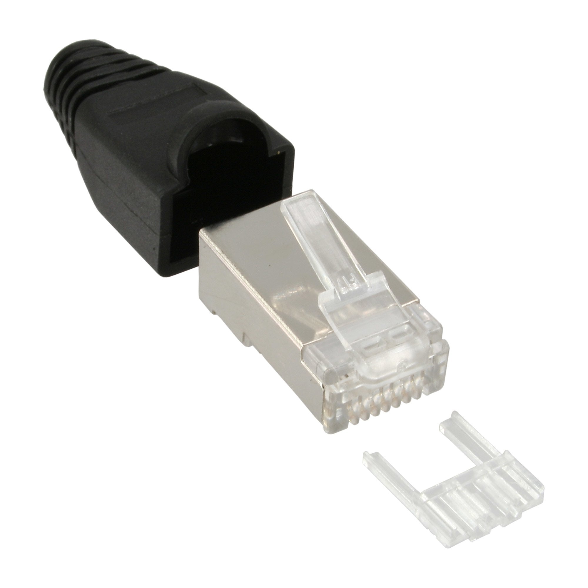 100 Conectores Inline Rj45 8p8c Blindado Con Enhebrador + Protección Contra Dobleces Negro 100 Uds.