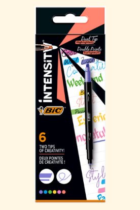 Bic Intensity Dual Tip Pack De 6 Rotuladores Doble Punta - Punta De Biselada + Punta Fina 0.04mm - Tinta Con Base De Agua - Colores Surtidos