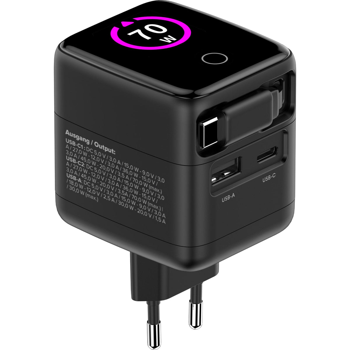 Inline Usb Fuente De Alimentación - 70w - Gan - Usb-C Pd + Usb-A Qc - Cable 60cm - Negro