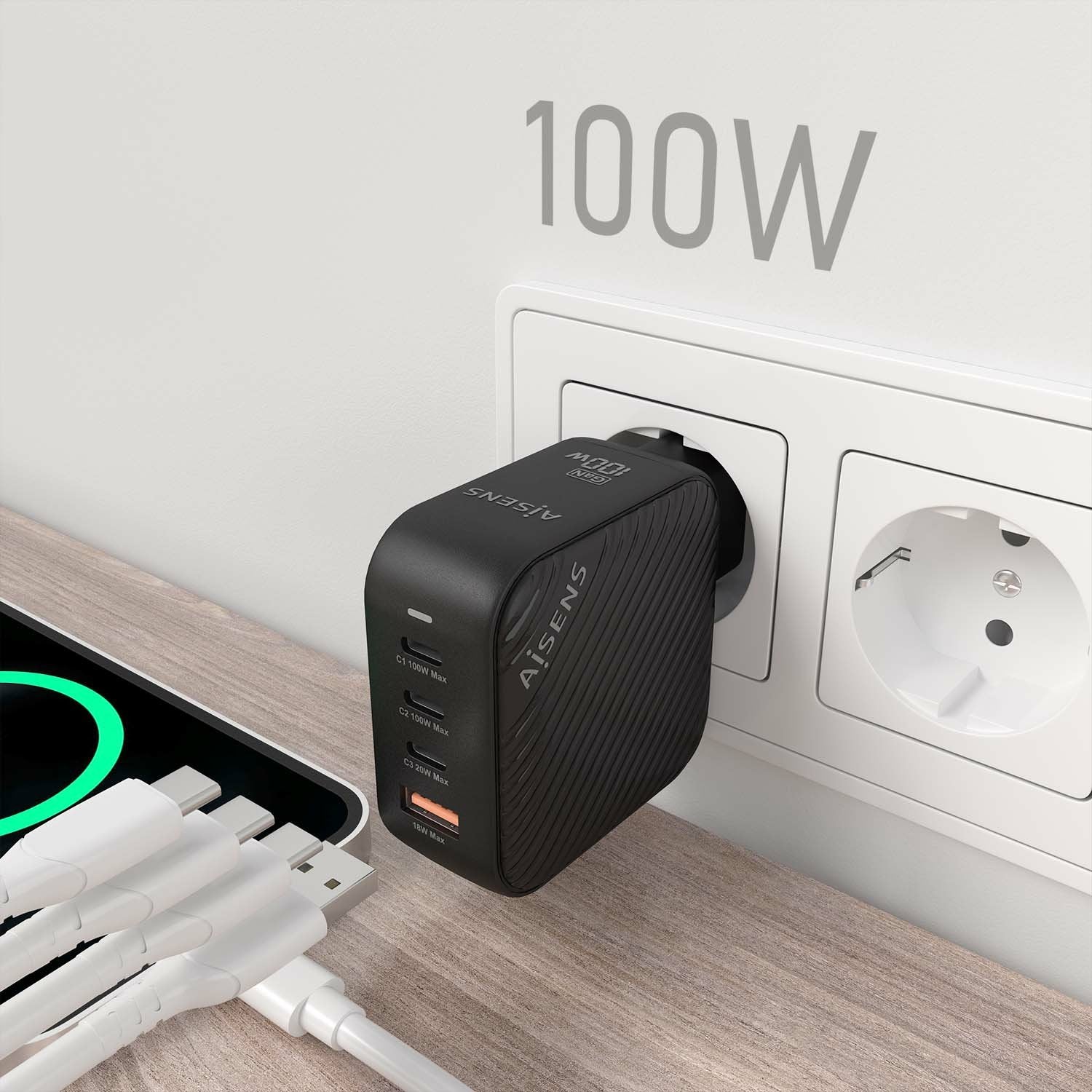 Aisens Cargador Gan 100w, 3xusb-C Pd3.0 Qc4.0, 1xusb-A Qc3.0, Negro