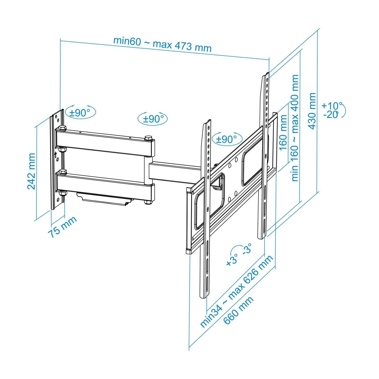 Tooq Soporte De Pared Con Brazo Articulado Para Tv De 37"-70" - Giratorio E Inclinable - Peso Max 50kg - Vesa 600x400mm