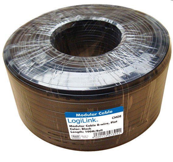 Logilink Telephone Cable, Flat, 8-Wire, Cca, 6x 0.12 Mm, Negro, 100 M