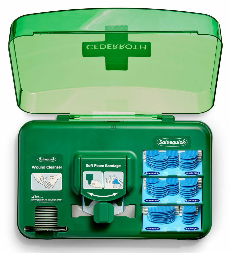 Cederroth Dispensador Para El Cuidado De Heridas - Incluye Diferentes Tamaños De Apositos Color Azul, Toallitas Para Heridas Y Venda Autoadherente