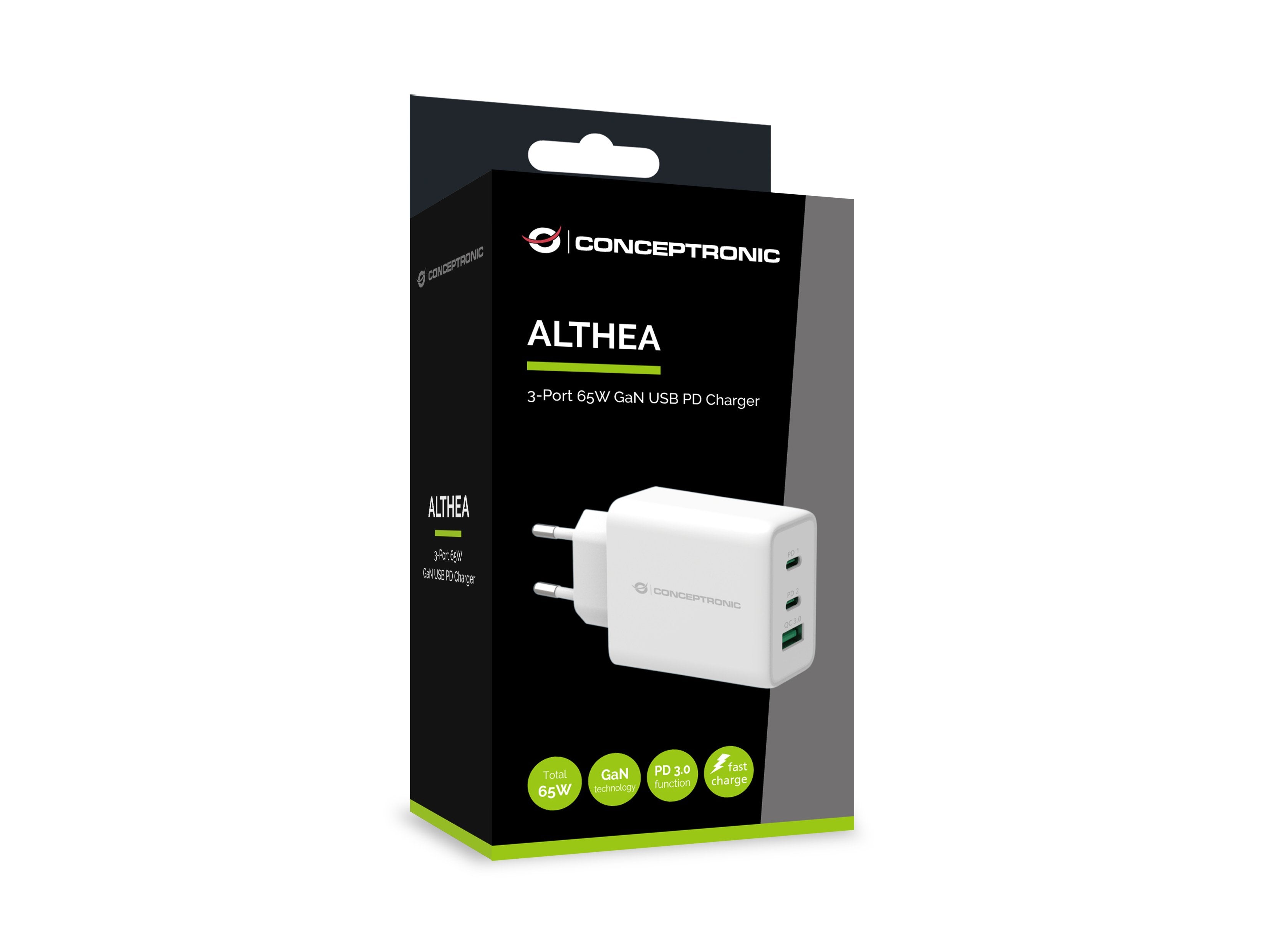 Conceptronic Cargador 3port  65w,Gan Usb-P 3.0  Blanco