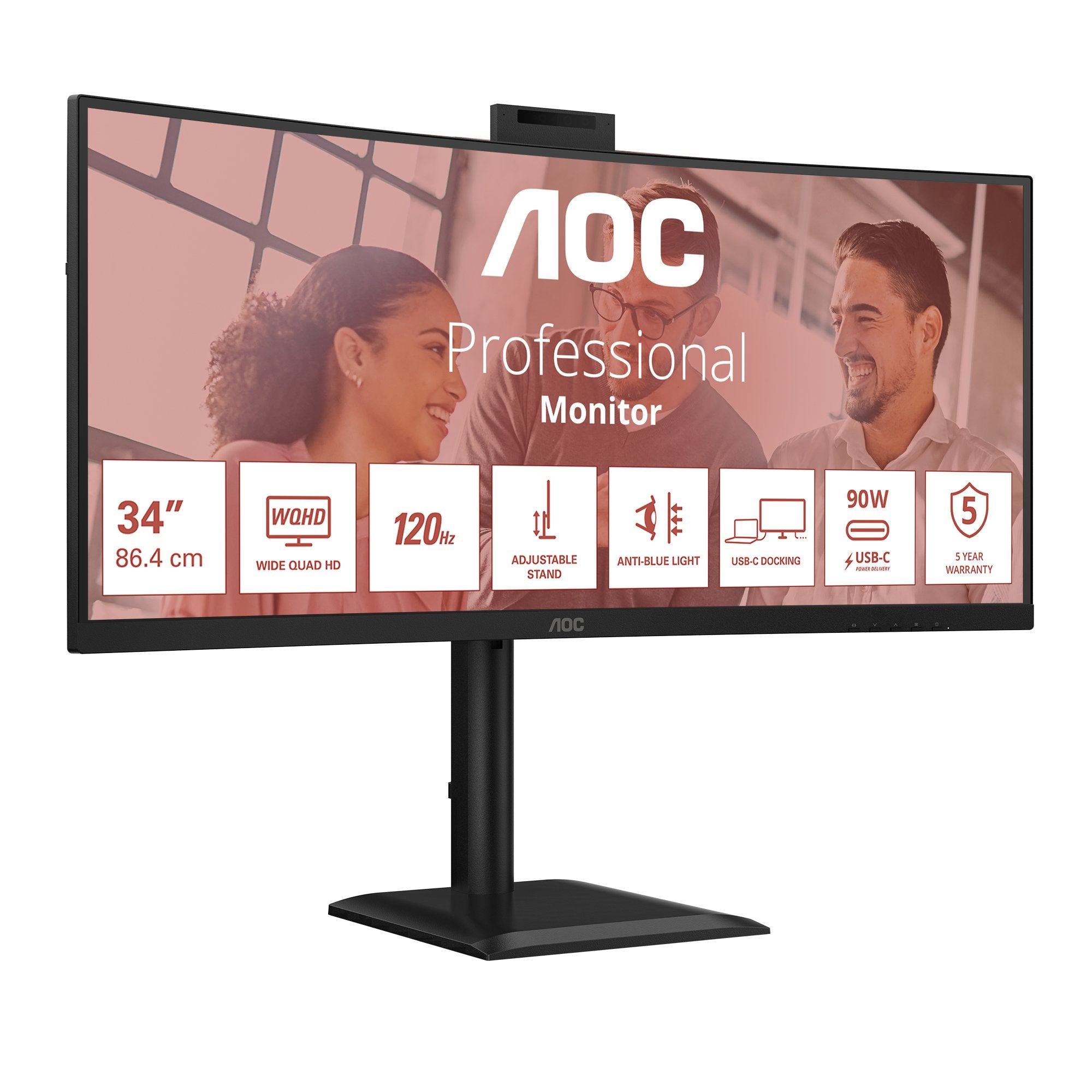 Aoc Cu34e4cv - 34 Zoll Wqhd Curved, (3440x1440, 120 Hz, 2x Hdmi 2.0, Dp 1.4, Dp, Usb-C (90 W Power Delivery), Rj45, Usb Hub) Schwarz