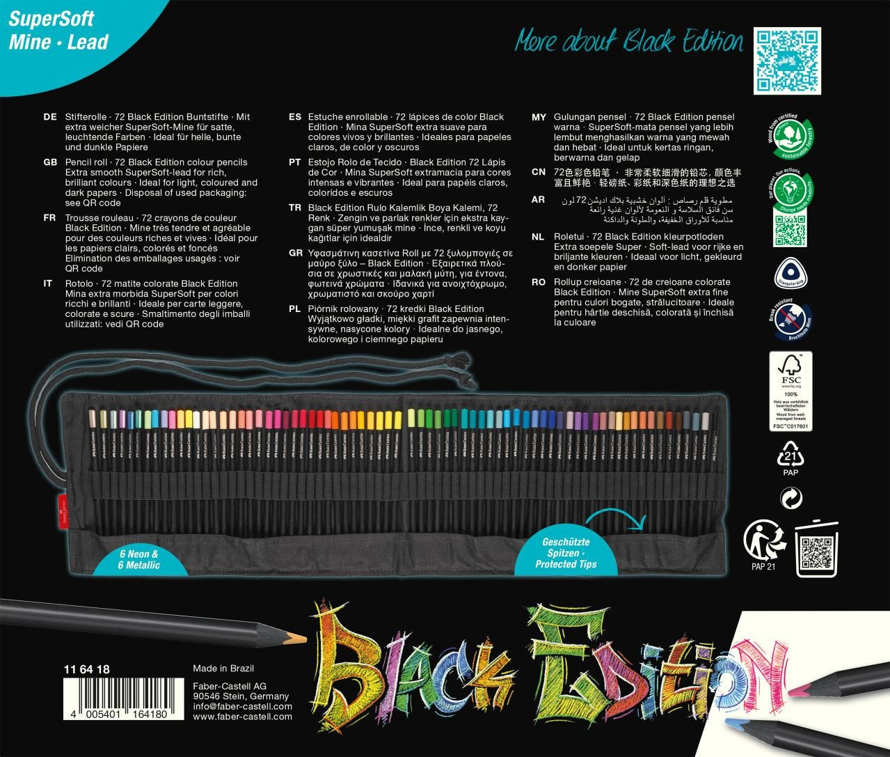 Faber-Castell Black Edition Pack Enrollable De 72 Lapices De Colores - Mina Supersuave - Madera Negra - Ideales Para