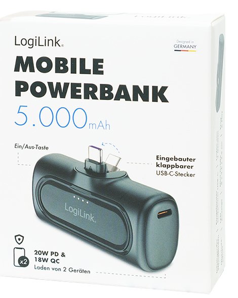 Bateria Externa Power Bank   5000 Mah, Conector Usb-C Integrado, Color Negro  Lipo Logilink