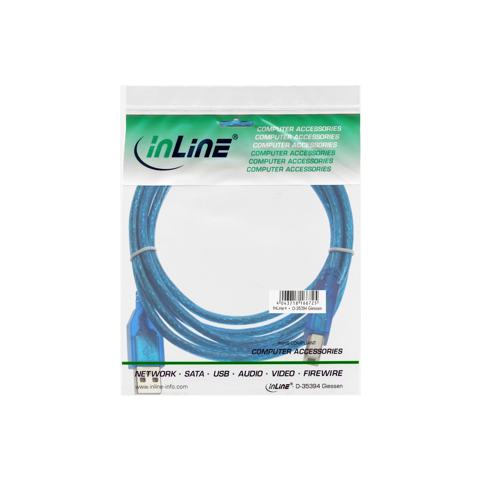 Inline Usb 2.0 Cable Tipo A A B Azul Transparente 3m