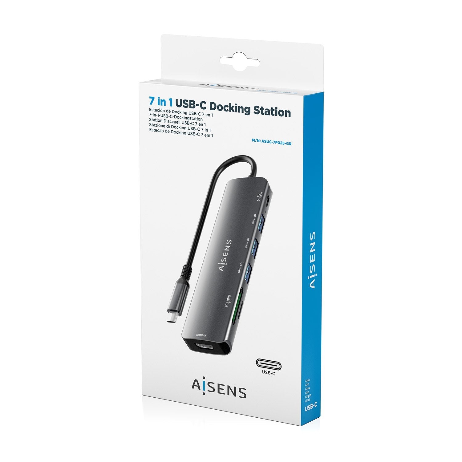 Aisens Usb-C Dock 7 En 1, Usb-C A 1xhdmi, 3xusb-A, 1xusb-C Pd 100w, 1xsd, 1xmicro Sd, Gris, 15cm