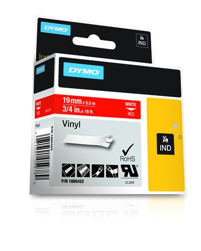 Dymo Rhino Cinta De Etiquetas Industrial Adhesiva Id1-19, Blanco Sobre Rojo De 19mmx5´5m, Vinilo