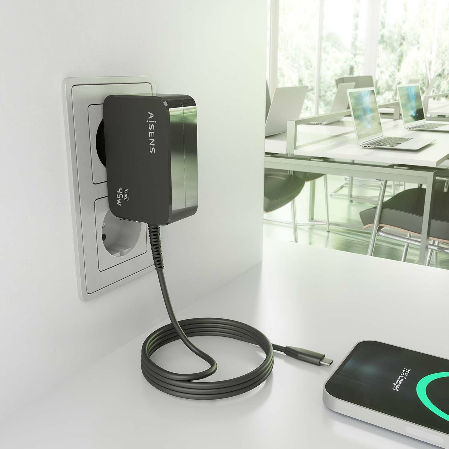 Aisens Cargador Gan 45w Pd3.0 1xusb-C 1.80m, Negro