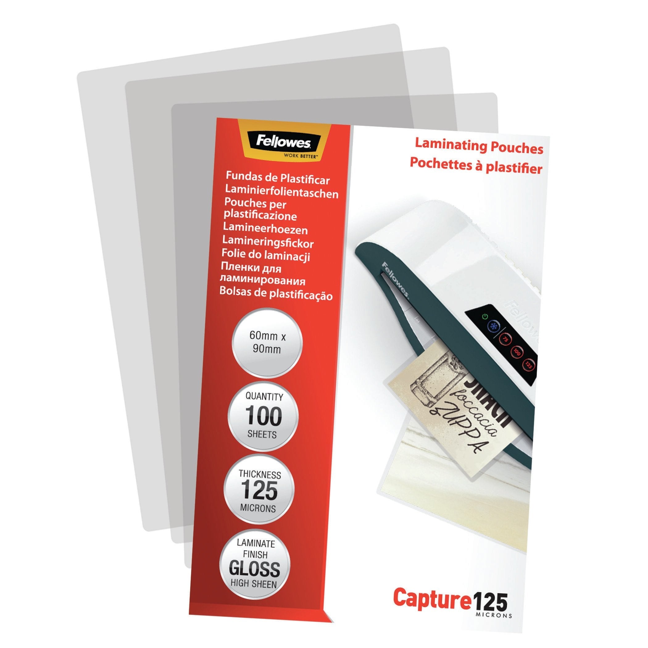 Fellowes Pack De 100 Fundas Para Plastificar Brillo Para Tarjetas 60 X 90mm - 125 Micras - Alta Calidad - Transparente