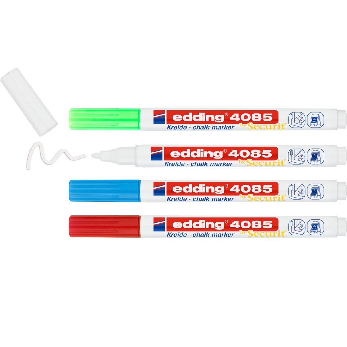 Edding 4085 Basicos Pack De 4 Rotuladores De Tiza Liquida - Punta Redonda - Trazo 1-3mm - Olor Neutro - Colores Blanco,