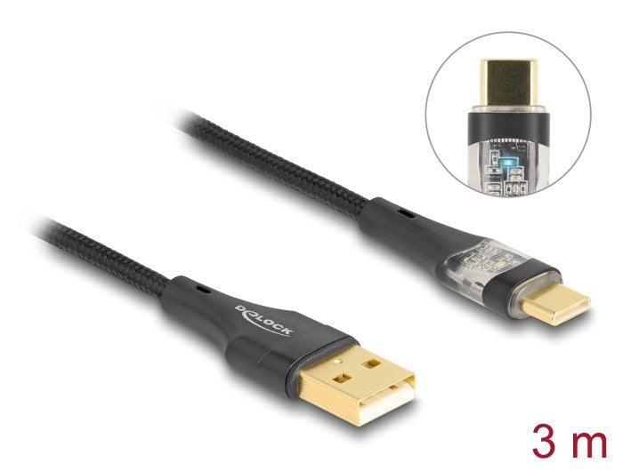 Delock 80762 Cable Usb 2.0 Tipo-A Macho A Usb Type-C Macho Con Carga Rápida 60 W Transparente 3 M