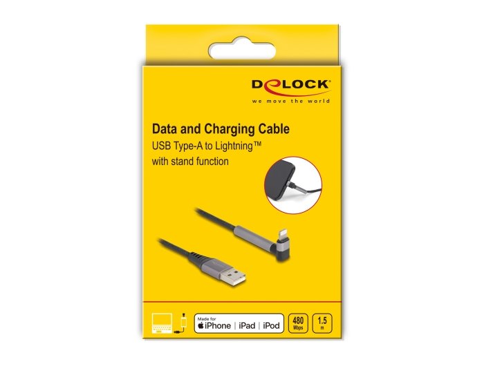 Delock 85404 Cable De Datos Y Carga Usb Tipo-A A Lightning Para Iphone, Ipad, Ipod Acodado Con Función De Soporte Negro 1,5 M Mfi