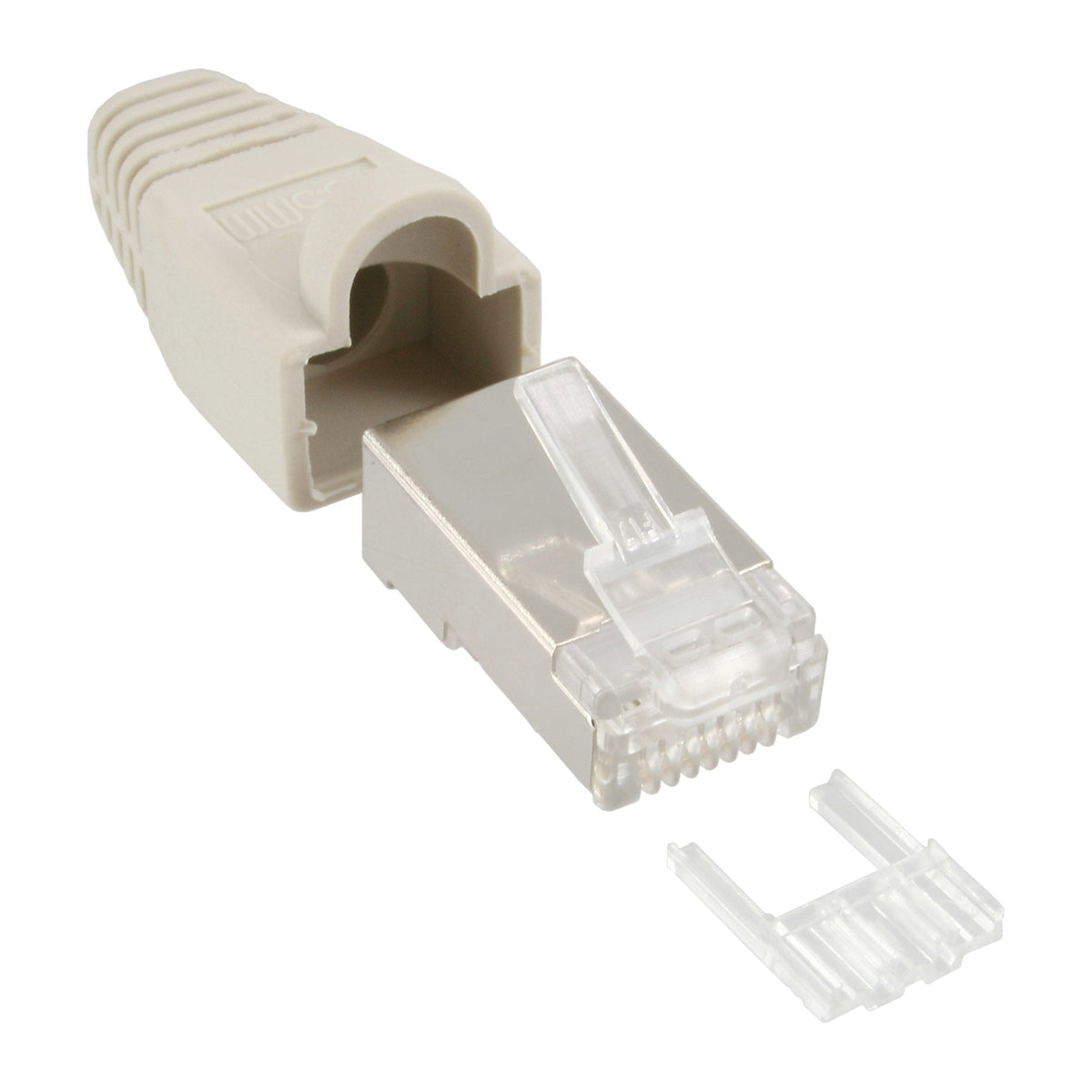 Conector De Crimpado Inline Rj45 8p8c Blindado Con Enhebrador + Protección Contra Dobleces Gris 10 Uds.