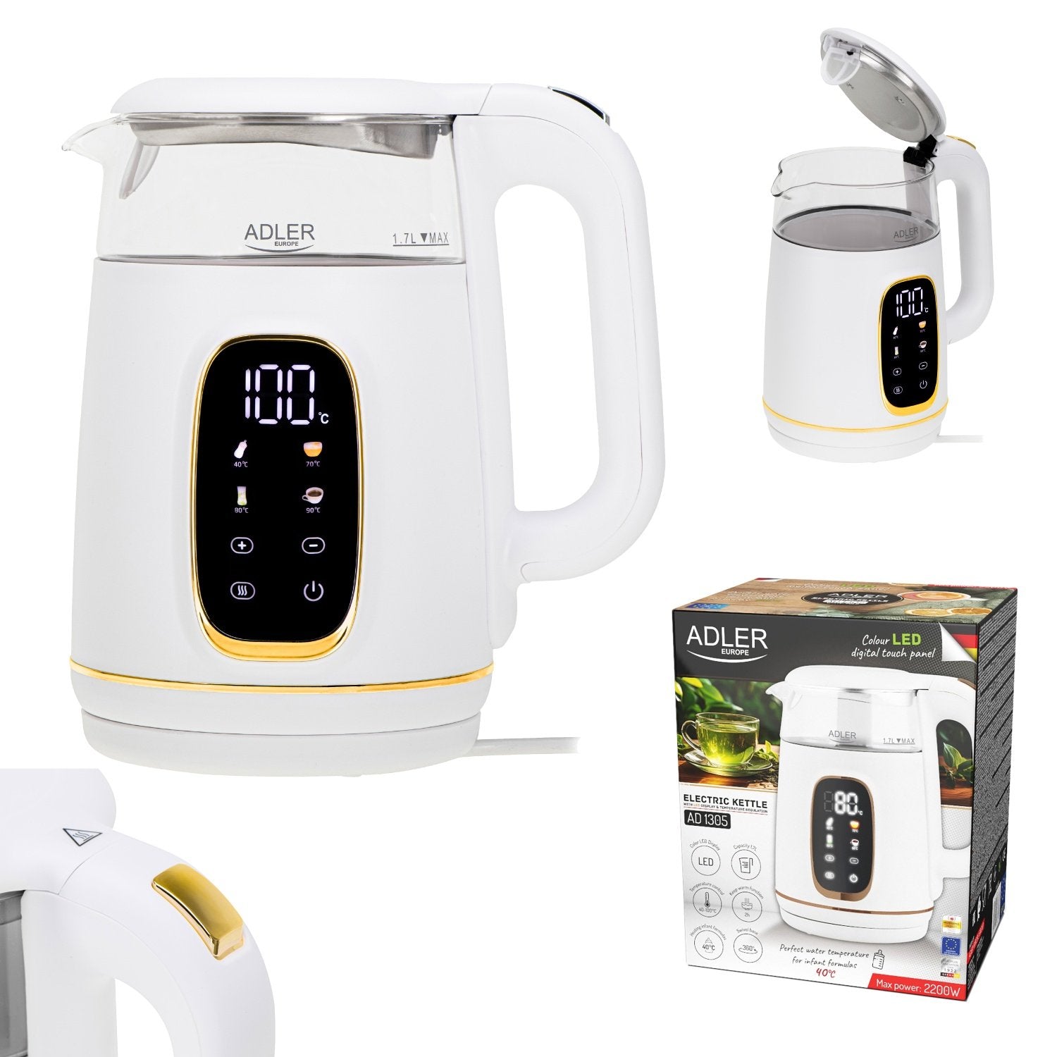EAN 5905575907844 - Adler AD 1305WG tetera eléctrica 1,7 L 2200 W Transparente, Oro, Blanco imagen 14