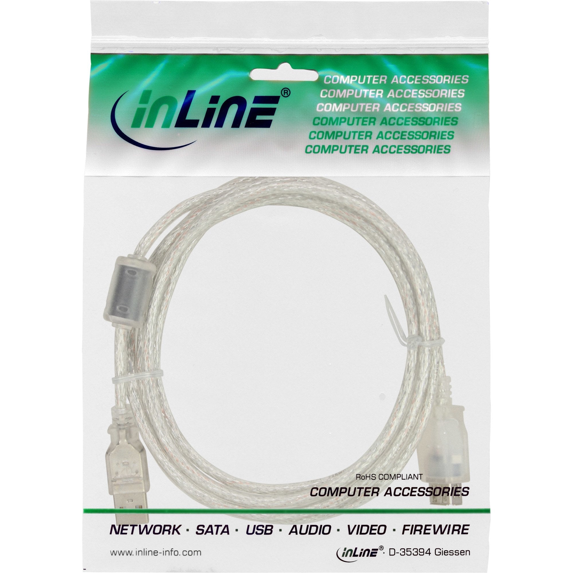 Cable De Extensión Usb 2.0 Inline Transparente Tipo A Macho A Hembra Con Estrangulador De Ferrita De 2 M