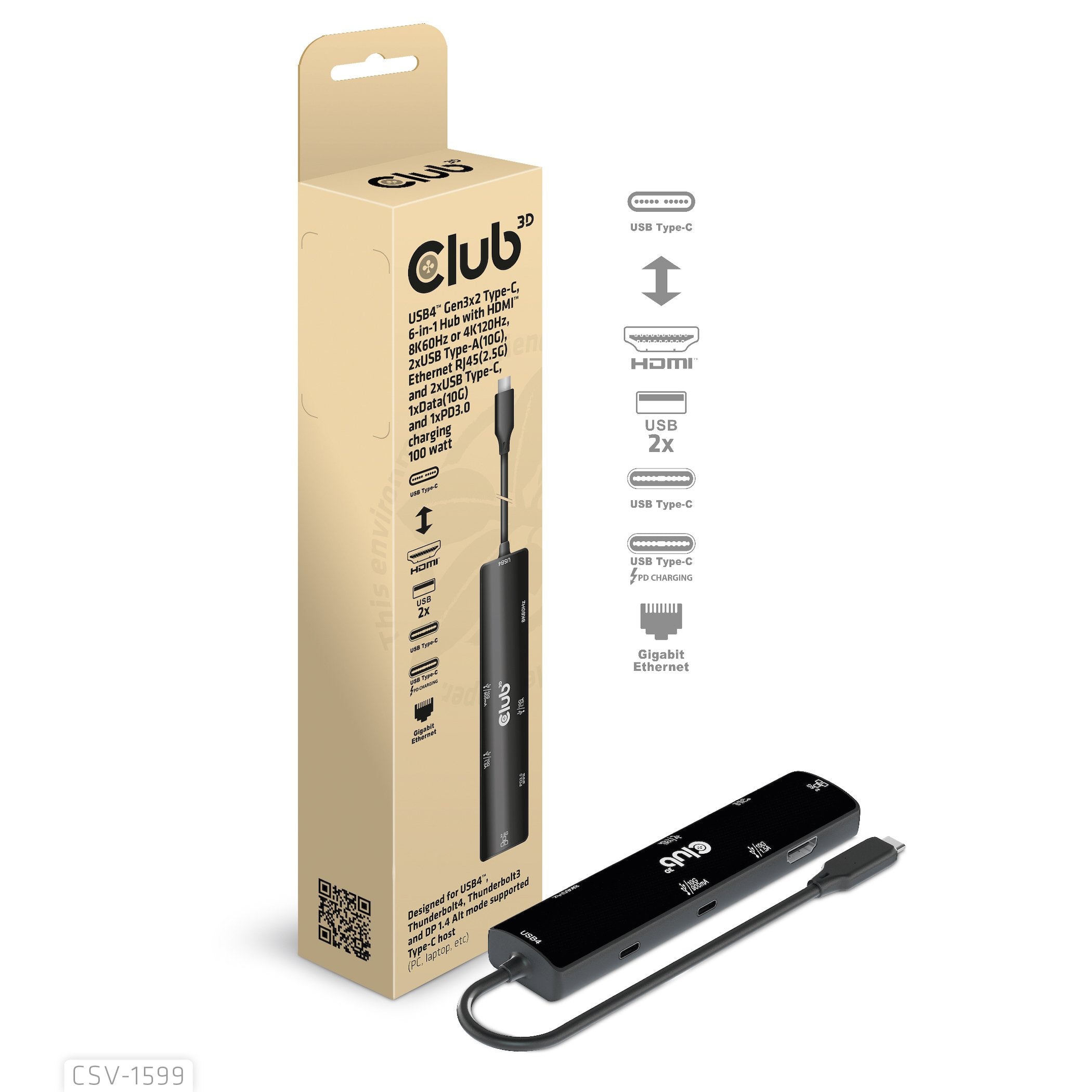 Club3d Usb4 6-In1-Hub Usb-C > Hdmi/2xusb/2xusb-C/Rj45 100w Retail