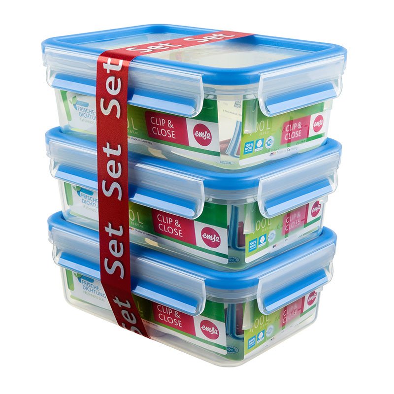 Emsa Clip & Close Recipientes Para Conservar Alimentos 1,0 Litros Transparente/Azul, Rectangulares, 3 Unidades 508558