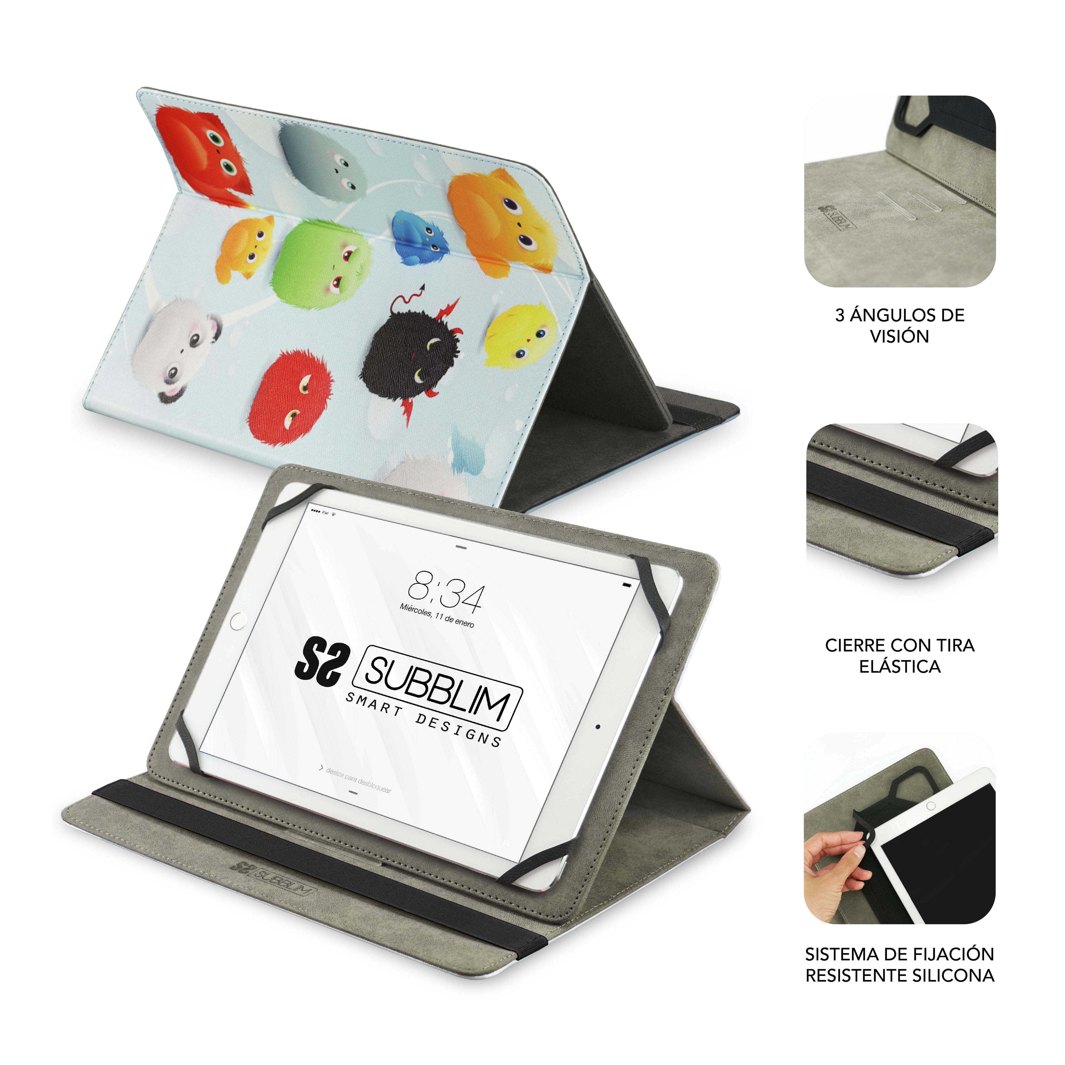 Funda Universal Subblim Trendy Furry Para Tablet Hasta 10.1'/25.6cm Exterior Símil Piel Interior Aterciopelado Cierre Banda