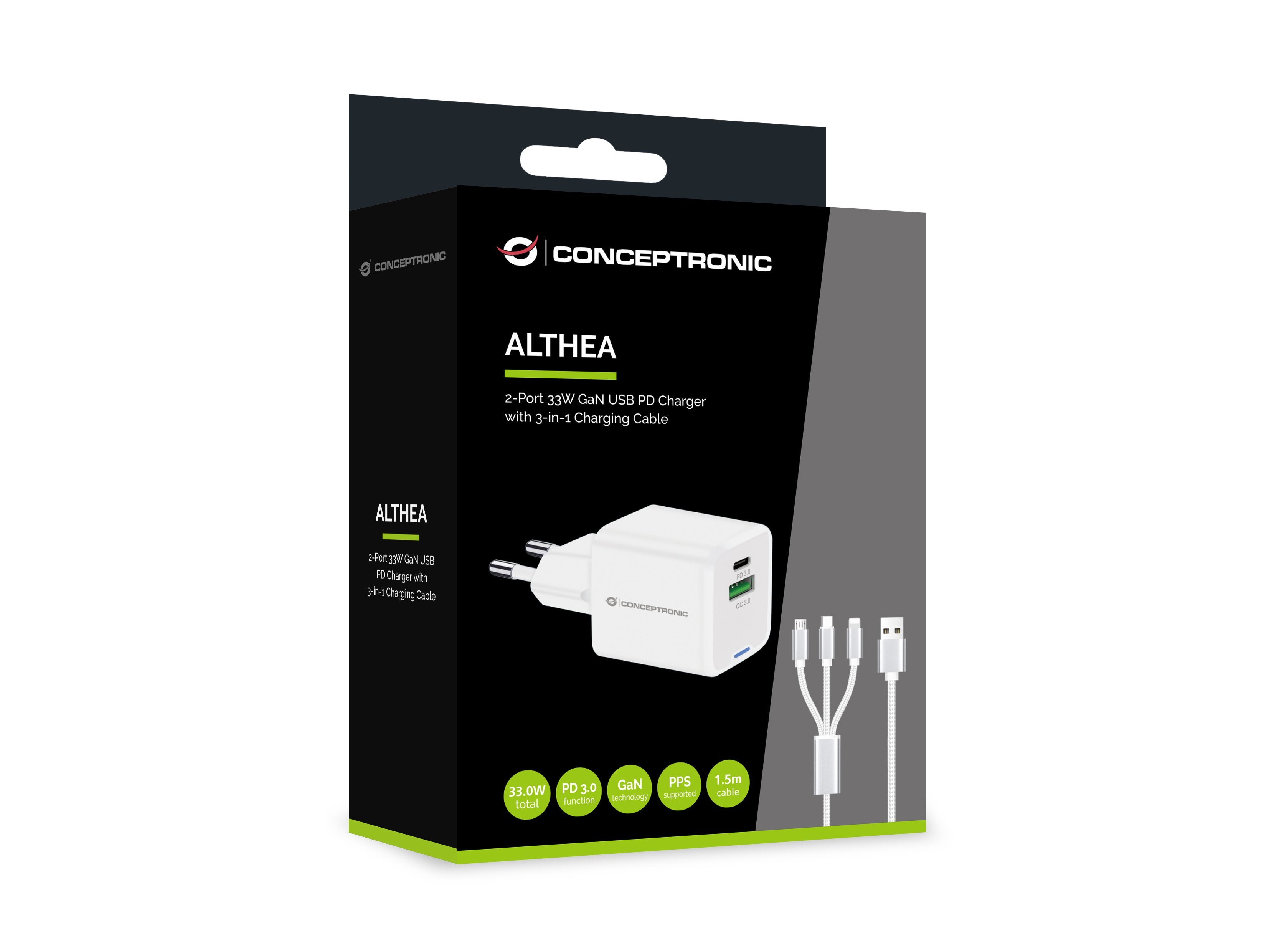 Conceptronic Cargador 2port 33w,1xusb-C,1xusb-A +3-In-1 Sw