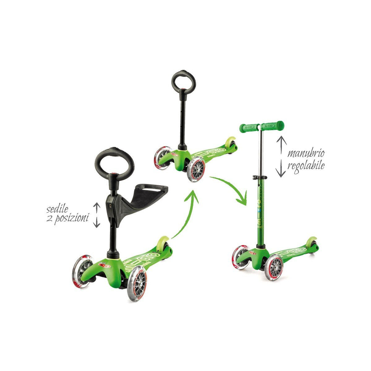 Patinete Micro De 3 Ruedas/Coche De Paseo Mini 3 En 1 Deluxe Verde