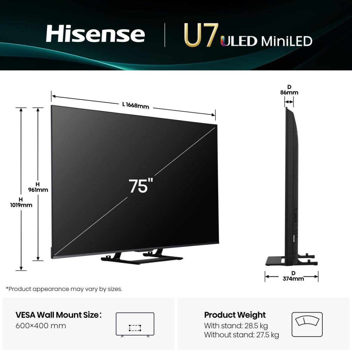 EAN 6942351416250 - Hisense 75U7Q 190,5 cm (75") 4K Ultra HD Smart TV Wifi Negro 450 cd / m² imagen 2