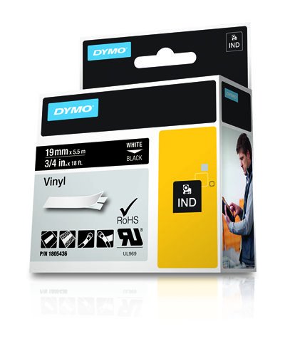 Dymo Rhino Cinta De Etiquetas Industrial Adhesiva Id1-19, Blanco Sobre Negro De 19mmx5.5m, Poliester