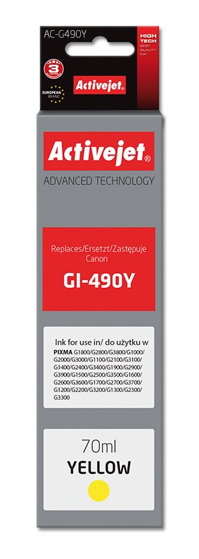 Tinta Activejet Ac-G490y (Reemplazo Para Canon Gi-490y - Supreme - 70 Ml - Amarillo)